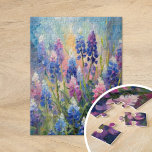 Bluebonnets Abstract Floral Art Jigsaw Puzzle<br><div class="desc">A modern impressionist-style painting of bluebonnets, the iconic Texas wildflower, rendered in stunning blue and purple hues with abstract brushstrokes. The expressive strokes and vibrant colours capture the natural beauty and grace of these blooms, creating a lively and textured interpretation of the Texas landscape. This contemporary piece is both bold...</div>