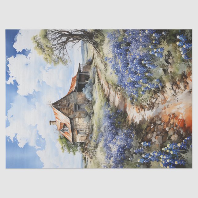 Bluebonnets and Old Barn in Texas Decoupage Tissue Paper (Front)