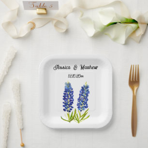 Bluebonnets Blue floral Boho Watercolor Weddings Paper Plate