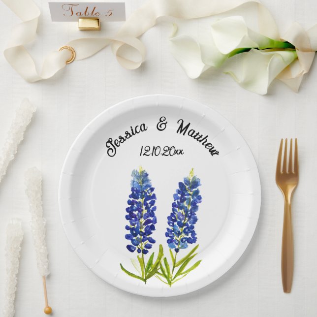 Bluebonnets Blue floral Boho Watercolor Weddings Paper Plate (Wedding)