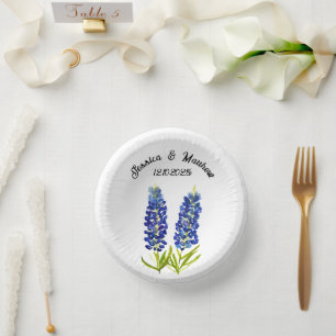 Bluebonnets Blue floral Boho Watercolor Weddings Paper Plate