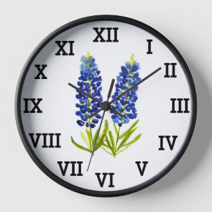 Bluebonnets Blue Floral Watercolor Texas Clock