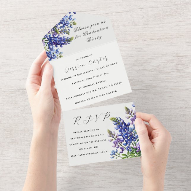 Bluebonnets Blue Wildflower Floral Lupin All In One Invitation (Tearaway)