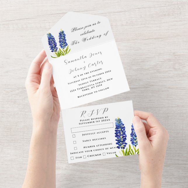 Bluebonnets Blue Wildflower Floral Lupin Wedding All In One Invitation (Tearaway)