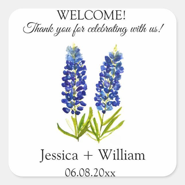 Bluebonnets Bride and Groom Rustic Modern Wedding Square Sticker (Front)