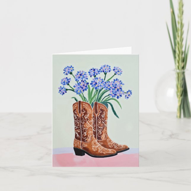 Bluebonnets Cowgirl Boot Hand Painted Texas Card (Front)