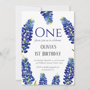 Bluebonnets First Birthday Blue Floral Birthday Invitation