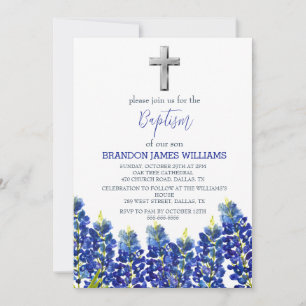 Bluebonnets Floral Dusty Blue Cross Baptism  Invitation
