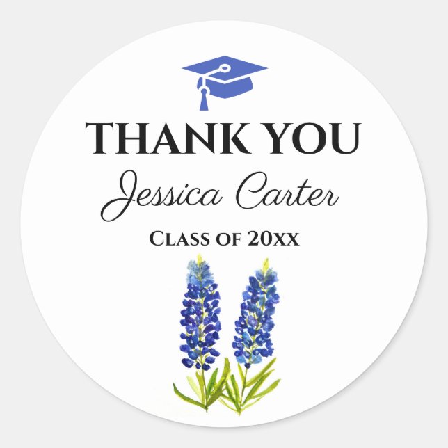 Bluebonnets Floral Graduation Thank you  Classic Round Sticker (Front)