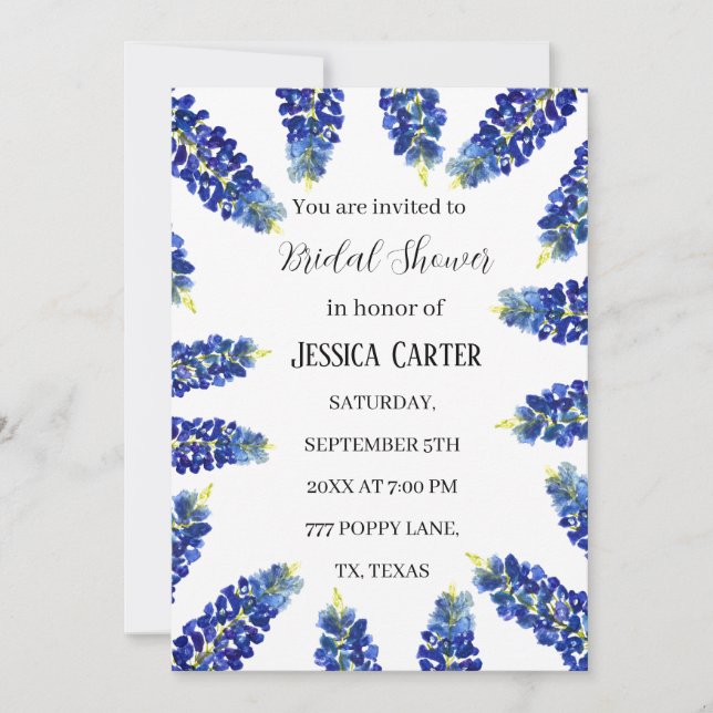 Bluebonnets Floral Watercolor Boho Bridal Shower  Invitation (Front)