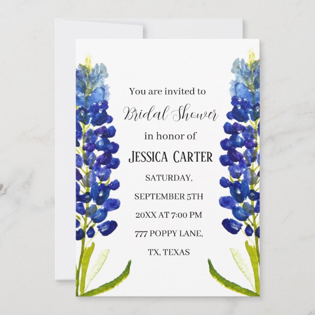 Bluebonnets Floral Watercolor Boho Bridal Shower  Invitation (Front)