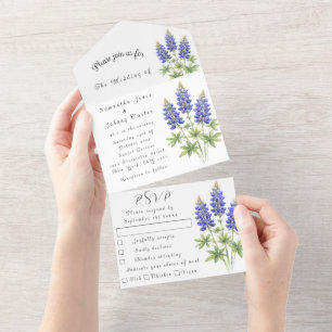 Bluebonnets Lupine Blue Watercolor Texas Wedding All In One Invitation