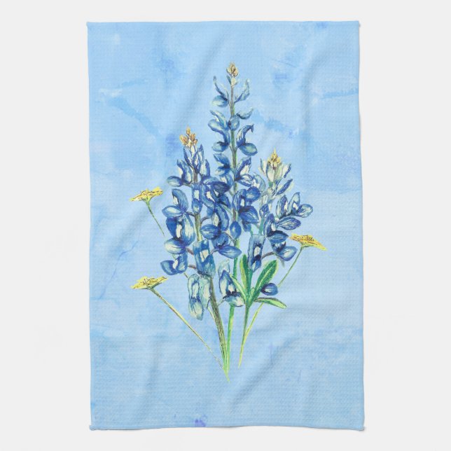Bluebonnets on Blue Background Kitchen Towel (Vertical)