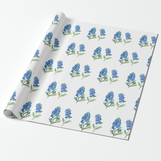 Bluebonnets Texas Blue Flowers Watercolor Wrapping Paper (Unrolled)