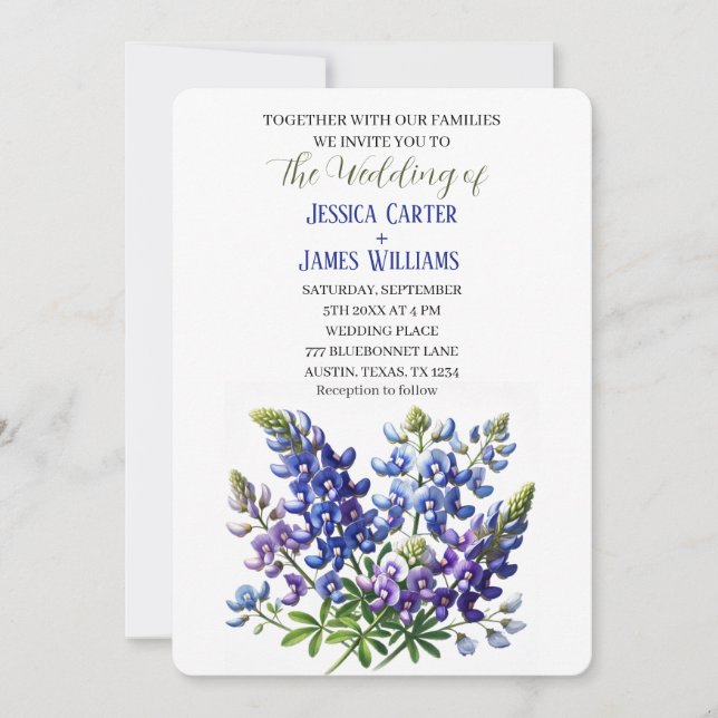 Bluebonnets Texas Blue Watercolor Floral Wedding Invitation (Front)