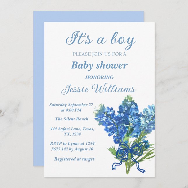Bluebonnets Texas Floral Rustic Baby boy shower  Invitation (Front/Back)