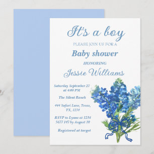 Bluebonnets Texas Floral Rustic Baby boy shower  Invitation