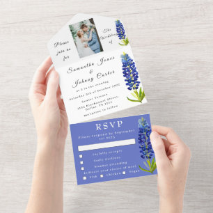 Bluebonnets Texas Navy Blue Floral Photo Wedding All In One Invitation