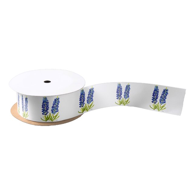 Bluebonnets Texas State Flowers Pattern Watercolor Satin Ribbon (Spool)