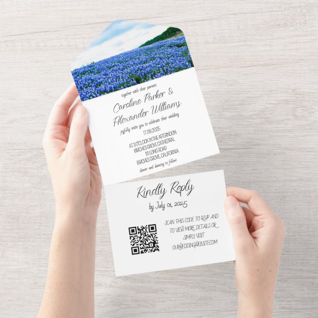Bluebonnets Texas Texan Elegant QR Code Wedding Al All In One Invitation (Tearaway)