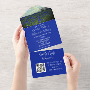 Bluebonnets Texas Texan Elegant QR Code Wedding All In One Invitation