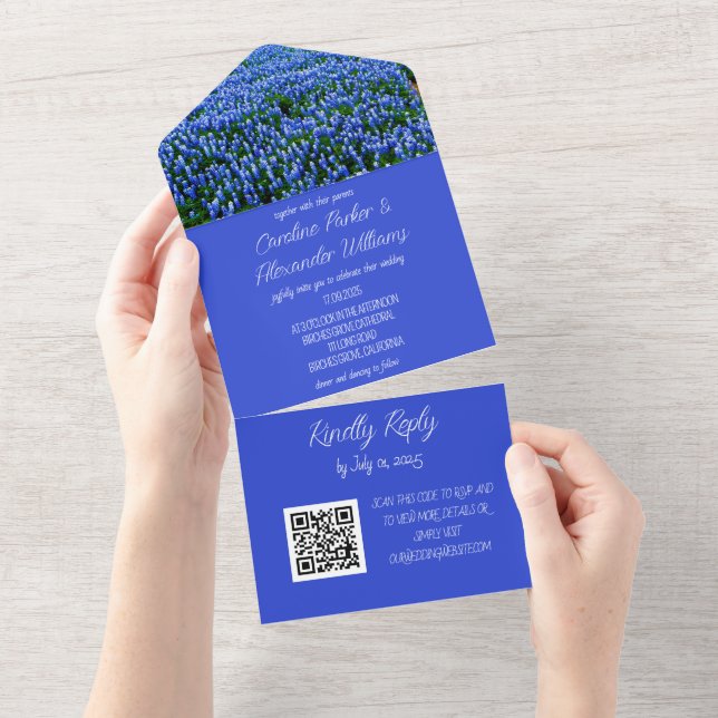 Bluebonnets Texas Texan Elegant QR Code Wedding All In One Invitation (Tearaway)