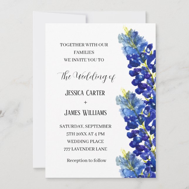 Bluebonnets Texas Watercolor Floral Wedding Invitation (Front)