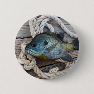 Bluegill fish on dock and rope 2 inch round button