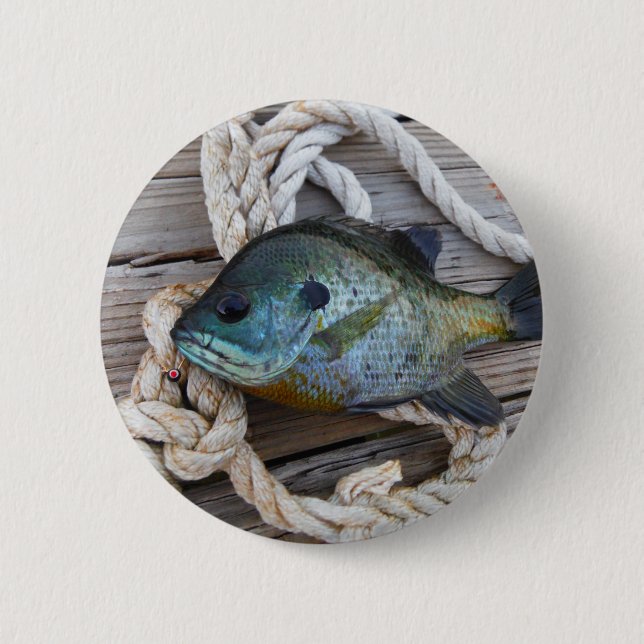 Bluegill fish on dock and rope 2 inch round button (Front)