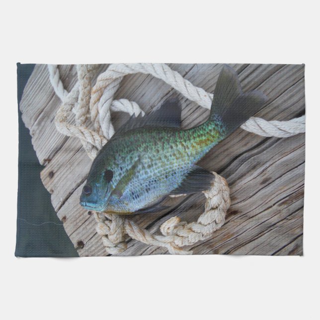 bluegill on dock kitchen towel (Horizontal)