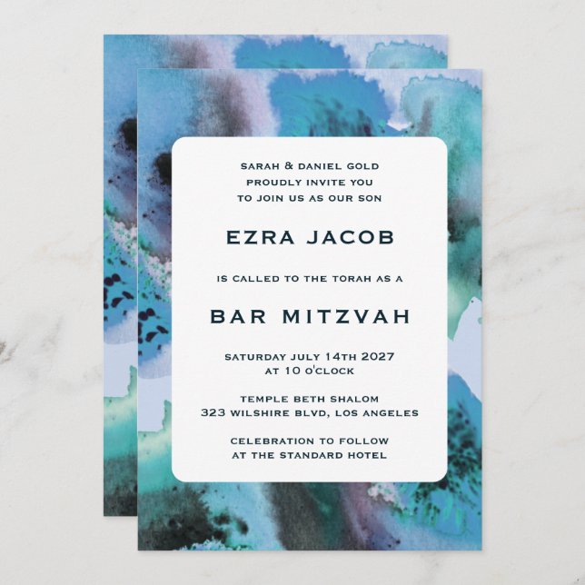 BlueGreen Watercolor Custom QRCode Bar Bat Mitzvah Invitation (Front/Back)
