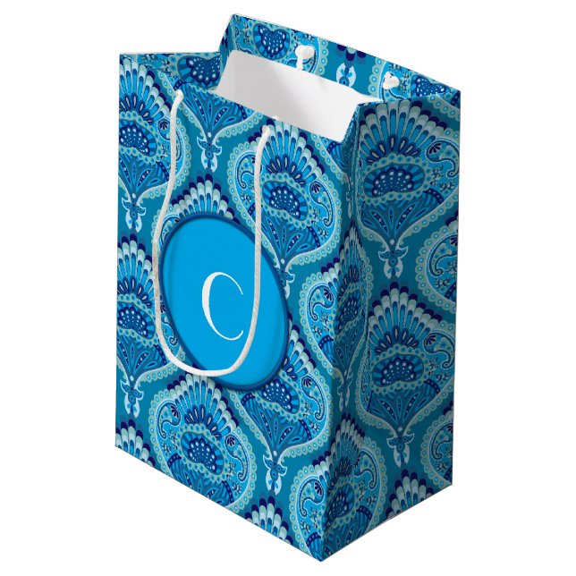 Blueish - Feathered Paisley Medium Gift Bag (Back Angled)