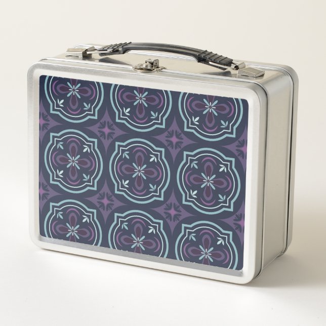 blueish floral tiling pattern metal lunch box (Front)
