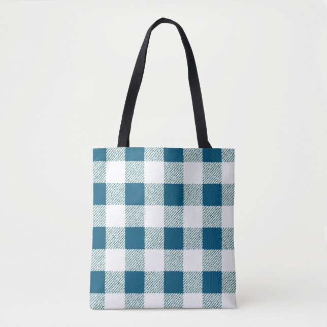 blueish green gingham check pattern tote bag (Front)