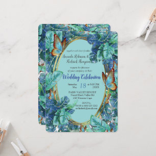 Blueish Turquoise Monstera Leaves & Butterflies Invitation