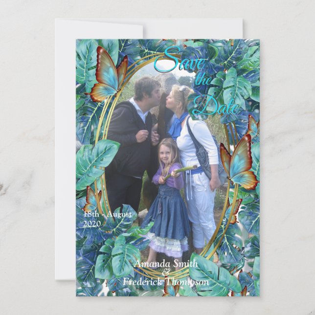 Blueish Turquoise Monstera Leaves & Butterflies Invitation (Front)