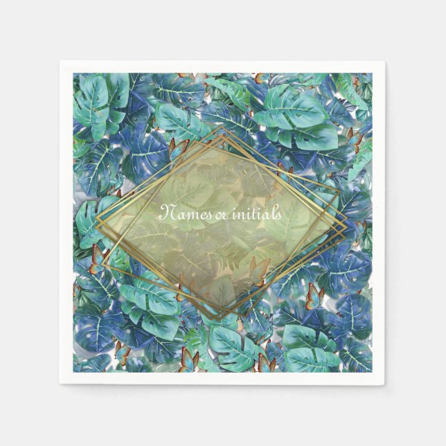 Blueish Turquoise Monstera Leaves & Butterflies Napkin (Front)