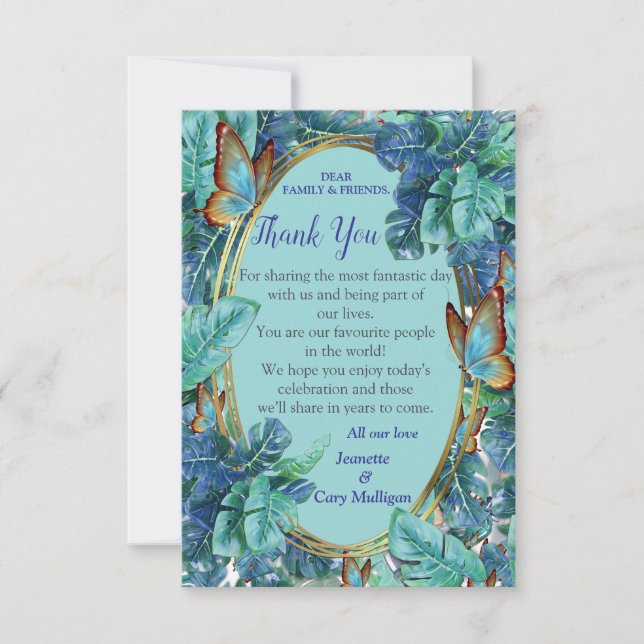 Blueish Turquoise Monstera Leaves & Butterflies RSVP Card (Front)