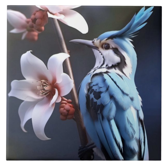 Bluejay and Flowers Tile (Front)