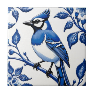 BlueJay Delft Blue and White Asian Leafy Jay Bird Tile