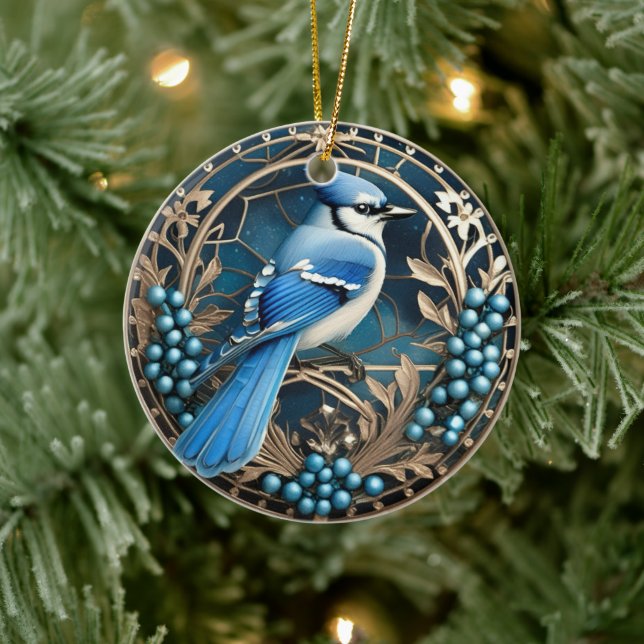 Bluejay with Blueberries Personalized Ornament (Tree)
