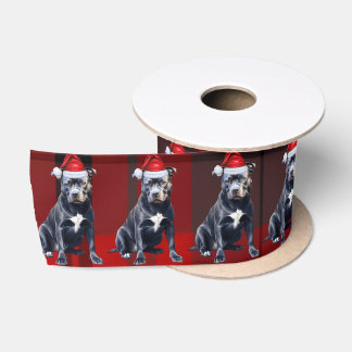 Bluenose Pit Holiday Red Plaid Funny Dog Christmas Satin Ribbon