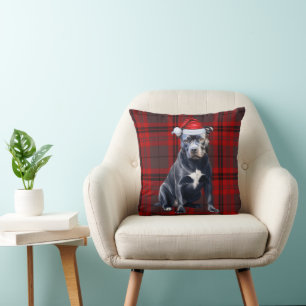 Bluenose Pitbull Dog Red Plaid Christmas Holiday Throw Pillow