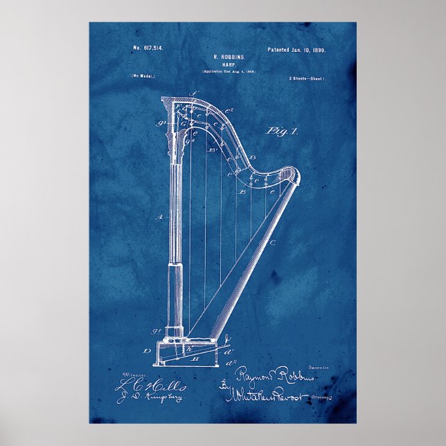 Blueprint Harp Patent Poster (Front)
