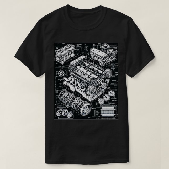 Blueprint Masterpiece Detailed Engine Design Art T-Shirt (Design Front)