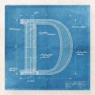Blueprint Monogram Letter D Glass Coaster