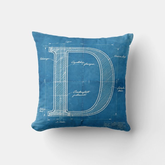 Blueprint Monogram Letter D Throw Pillow (Front)