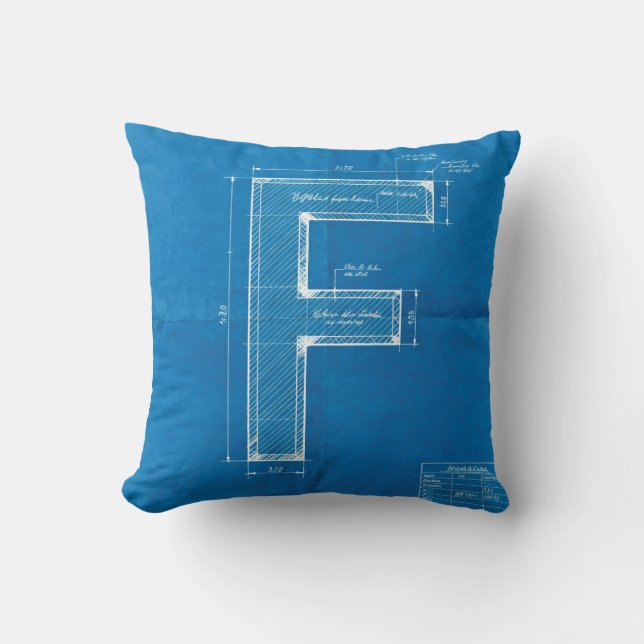 Blueprint Monogram Letter F Throw Pillow (Front)