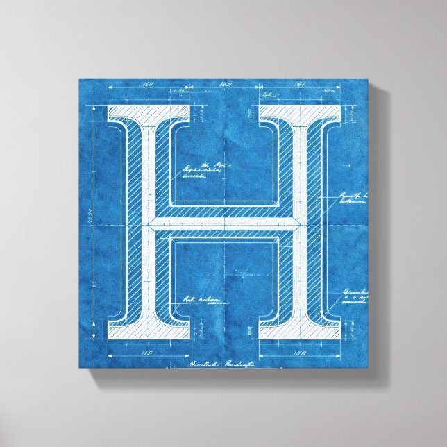 Blueprint Monogram Letter H Canvas Print (Front)