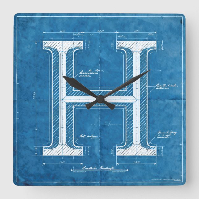 Blueprint Monogram Letter H Square Wall Clock (Front)